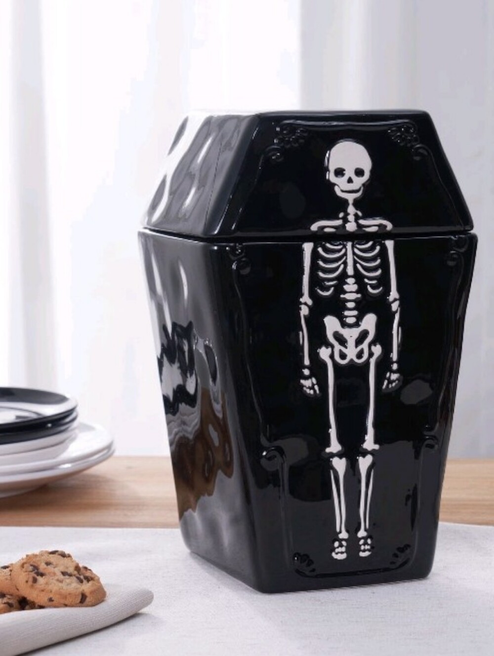 Halloween Ceramic Coffin Skeleton Cookie Jar Candy Dish Spooky Goth Decor Small